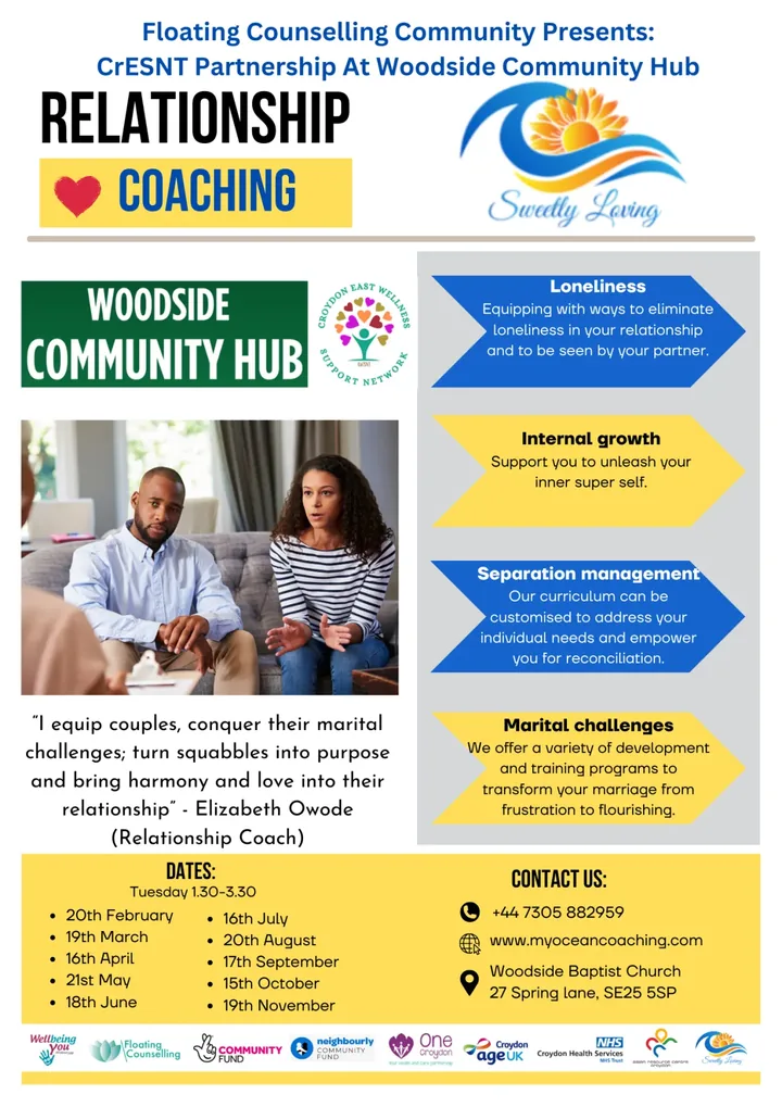 Relationship coaching flyer for Woodside Community Hub