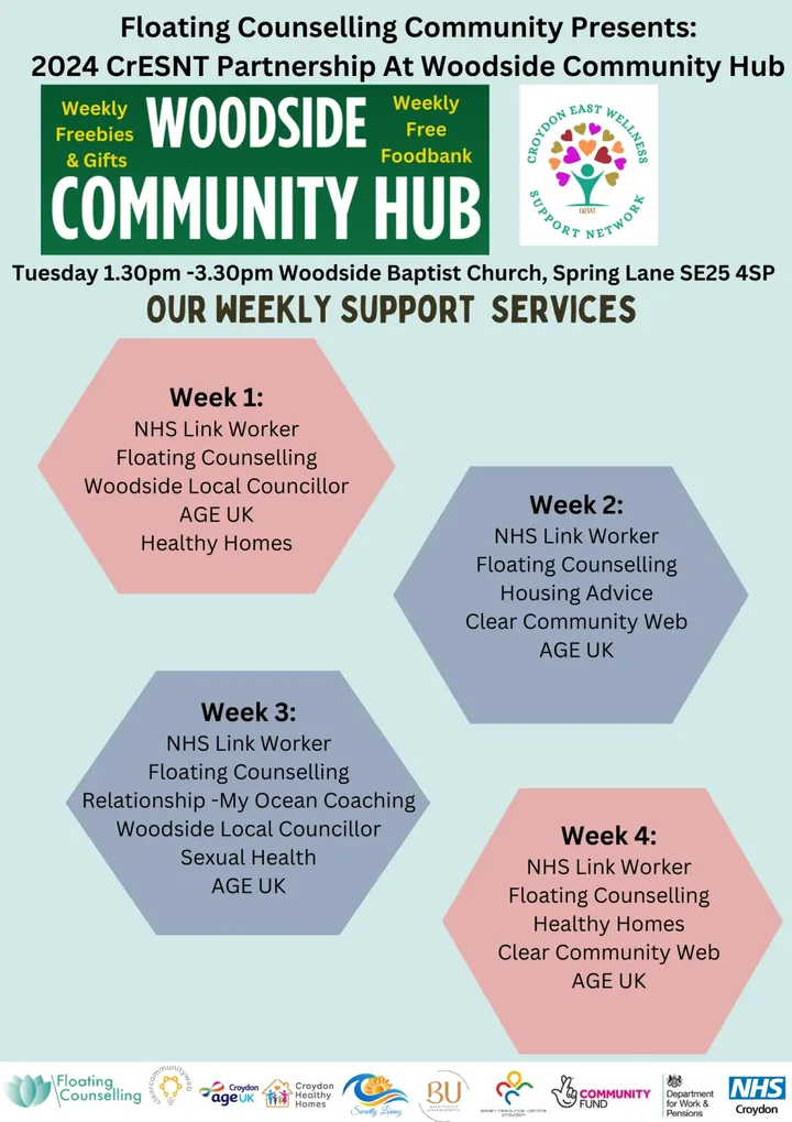 Woodside Community Hub weekly support services rota flyer